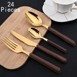 Dinnerware Sets Zoseil 24Pcs Set Wooden Handle Cutlery Stainless Steel Luxury Steak Knife Spoon Fork Kitchen Tableware