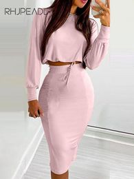 Two Piece Dress Sexy Crop Long Sleeve Bodycon Two Piece Set Women Autumn Fashion Print Top Slim Pencil Skirt Elegant Office Lady Suits 230428