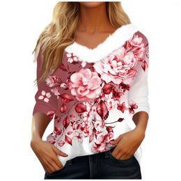 Women's T Shirts Ladies Tshirt 2023 Spring Trend Sexy V Neck Print Elegant Flower Theme Streetwear 3/4 Sleeve Tops Casual Loose Womens