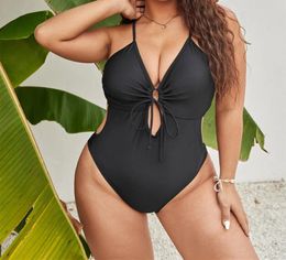 Women's Swimwear Black Largr Size Women 2023 Front Tie Hollow Out One Piece Swimsuit Lace Up Backless Bathing Suit Tankini Beachwear