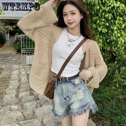 Women's Knits WTEMPO Hollow Out Knitted Cardigans Women Sexy Long Sleeve Shawl Tops Casual Sun Protection Shirts Fashion Korean Outwear