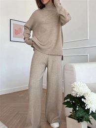 Womens Two Piece Pants Autumn and winter 2piece oversized womens set knitted track clothing half necked sweater wide leg jogging pants 231128