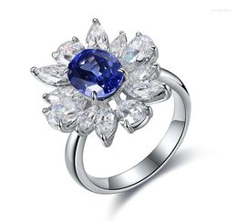 Cluster Rings Handmade Jewellery Charm Ring Lab Created Sapphire 2.14ct Beads Diamonds Gift For Her Vintage Flower Shaped Trendy