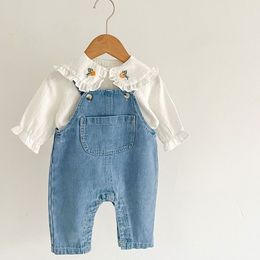 Rompers Children Clothes Suit Infant Baby Girls Clothing Set Long Sleeve Embroidered ShirtDenim Jumpsuit Autumn Spring 230427