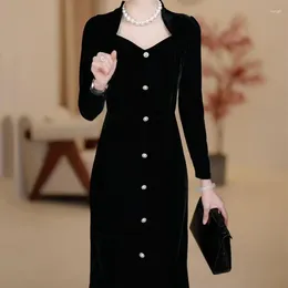 Casual Dresses Female Clothing Bag Hip Vintage Long Dress Elegant Square Collar Autumn Winter A-Line Waist Stylish Button Slim Flocking