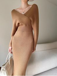 Women's Knits Tees Spring Autumn Cross V neck Knitted Dress Off the Shoulder Long Sleeve Wrap Hip 2024 Women Solid Colour 231128