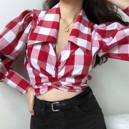 Women's Blouses Shirts Vintage plaid V Neck women blouse Crop Tops Sexy lace up female shirt Autumn puff sleeve Short Shirt Female Casual DD20 230428