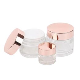 Frosted Clear Glass Jar Cream Bottle Empty Cosmetic Container with Rose Gold Lid 5g 10g 15g 20g 30g 50g 100g Packing Bottles Ujrsp