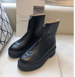 The row smooth Leather Ankle Chelsea Boots platform zipper slip-on round Toe block heels Flat Wedges booties chunky boot for women Fashion leather Comfortable shoes