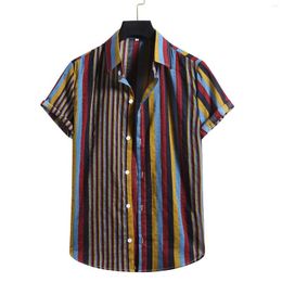 Men's T Shirts Mens Big And Tall Shirt Men's Fashion Cotton Linen Stripe Print Short Sleeve Button Blouse Top Trendy