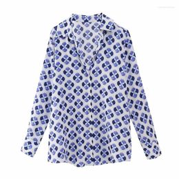 Women's Blouses Woman Vintage Blue Loose Print Linen Shirt 2023 Spring Female Casual Basic Single Breasted Shirts Ladies Oversized
