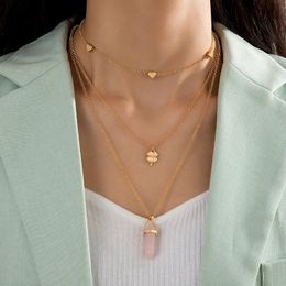 Bohemian Leaf Pink Crystal Stone Multi layered Pendant Necklace for Women Geometric Love Alloy Three Layer Necklace
