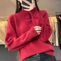 Women's Sweaters Solid Colour Sweater Chinese Style Autumn And Winter Half High Collar Vintage Button Pullover Loose Long Sleeve Knit Tops