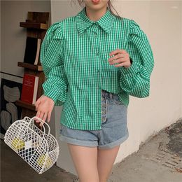 Women's Blouses Korejepo Vintage Bubble Sleeve Shirt Women Spring Green Plaid Loose Long Top 2023 High Street Casual Versatile Blouse