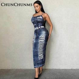 Casual Dresses Sexy Backless Bandage Spaghetti Strap Denim Long Dress For Women Streetwear Y2k Pack Hip Jeans Maxi Club Robes
