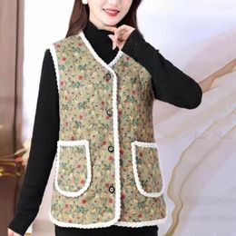 Women's Vests Thick Padded Waistcoat Floral Print Plush Vest Stylish Winter Cardigan With Windproof V Neck Pockets For Women