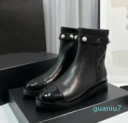 Boots Round Toe Low Heel Panel Zipper Buckle with Pearl Decoration Formal