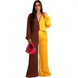 Women's Two Piece Pants Women's Tracksuit Sets Loose Long Sleeve Shirt Tops And Wide Leg Suits Satin Patchwork Casual Female Outfits