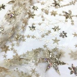 Fabric Hot Sale Soft Yellow Sequins Star Embroidered Lace Fabric Glitter Tulle Mesh Net For Sewing Dress Gown By the Yard 130cm Wide