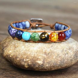 Charm Bracelets 7 Chakra Stone Leather Bracelet For Women Men Handmade Jewellery Blue Dot Beaded String Wrap Dropship