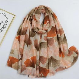 Scarves 180 90Cm Viscose For Women Fashion Gold Ginkgo Biloba Floral Shawls And Wraps Pashmina Stole Bufandas Muslim Hijab 2023