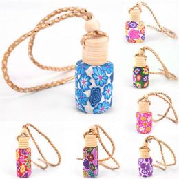 Floral Art Printed Hanging Car Air Freshener Perfume Diffuser Fragrance Bottle Random Colour Empty Glass Perfume Bottle Car Decor Gift Dossl