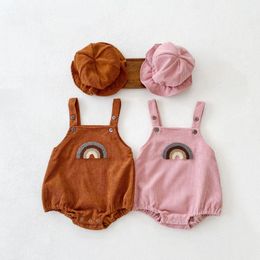 Infant kids corduroy suspender romper with hat 2pcs sets toddler girls rainbow towel embroidery jumpsuits baby boys soft climb clothes Z5640