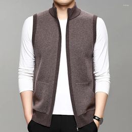 Men's Sweaters MACROSE Wool Solid Color Fashion Cardigan O-neck Collar Sleeveless Knitting Vest Autumn Spring Man Casual Zipper