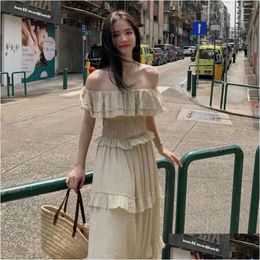 Basic Casual Dresses French Apricot Pink Wrap Stunning Waist Senior Sense Chic Pretty Temperament First Love Short-Sleeved Long Ruffle Dhras