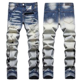 Men's Jeans European Jean Hombre Letter Star AM tiny spot Men Embroidery Patchwork Ripped Trend Brand Motorcycle Pant Mens Skinny AM3359# size 29-38