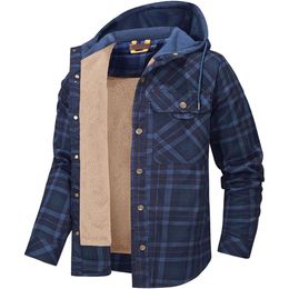 men's Hooded Coat casual thickened Long Sleeve Plaid work flannel button shirt jacket mens coat 4DUTU