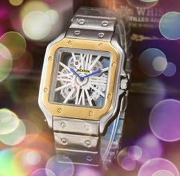 Popular men watch auto date square hollow skeleton dial clock Imported Crystal Mirror chain bracelet Quartz Battery Super Bright wristwatch Montre de luxe gifts