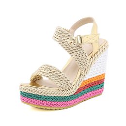 Sandals Platform Women Shoes Summer Gladiator Sandals Hemp Rainbow Wedge High Heel Shoes Women Fashion Candy Color Weave Sandals WSH4564 J230428