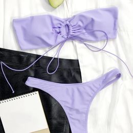 Women's Swimwear Solid Colour Sexy Swimsuit Bra Ring Connexion Bikini Strapless High Waist Set MC889