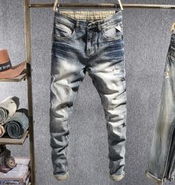 Men039s Jeans Stile italiano Moda Uomo Elastico di alta qualità Slim Fit Pantaloni in denim strappati Retro Wash Patchwork Vintage Designer 4181031