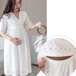 Maternity Dresses Delicate Hollow Out White Maternity Dresses Breast Feeding Dress Maternity Clothings Pregnant Women Loose Pregnancy Clothes 230428