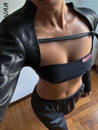 Women's Jackets BOOFEENAA Crop PU Leather Jacket Women With Tube Top Two Piece Set Streetwear Fashion Black Coats Winter Clothes C71-CH22