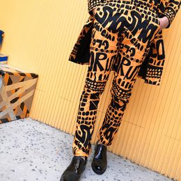 Pants Mens Fashion Yellow Letter Floral Print Suit Trousers Hip Hop Nightclub Stage Singer DJ Male Casual Pants Singer Stage Wear