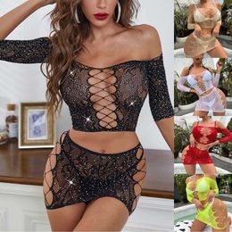 Sexy Set Exotic Women Dancewear Lingerie Outfit Cutout Backless Spanking Skirt Babydoll Rhinestone Fishnet Hips Sexy Dress Sets Female P230428