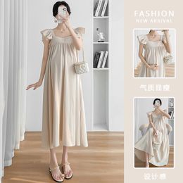 Maternity Dresses 2321# Summer Fashion Linen Maternity Loose Straight Dress Sweet Rufflle Clothes for Pregnant Women Pregnancy Casual 230428