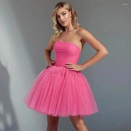 Party Dresses Elegant Pink Tulle Mini Evening Strapless Sleeveless Short A-Line Pleat Ruched Prom Dress Wedding Gowns