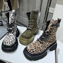 Boots Ankle for Women Sexy Leopard Lace up Round Toe Square Heel Platform Retro Trend Shoes Botas Altas Plataforma Mujer 231128