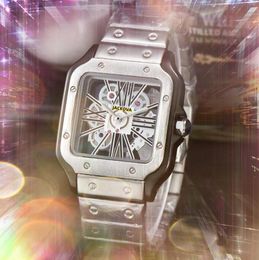 Popular japan quartz movement men watch auto date square hollow skeleton dial clock Imported Crystal Mirror chain bracelet elegant wristwatch Montre de luxe gifts