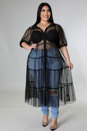 Plus Size Dresses Women Fashion Polka Dot Mesh Pleated Transparent Dress Casual Solid Colour Top Summer Large Female