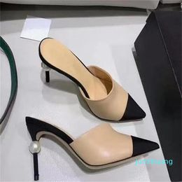 Designer - Pumps Genuine Leather Pearl High Heels Dress Shoes Lady Beige White Black Single Shoes 2024