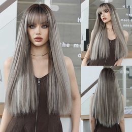 Synthetic Wigs Linen Grey Spot Dyed Long Straight Hair Women's Fashion Wig Chemical Fiber Wig Head Cover