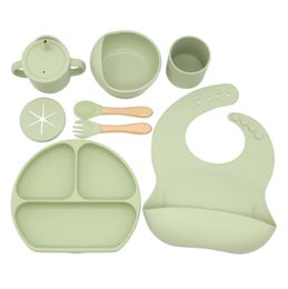 Cups Dishes Utensils 6/7PCS Baby Silicone Feeding Tableware Sets Non-slip Sucker Bowl Dining Plate With Cover Bibs Spoon Fork Sippy Cup Dishes 230428