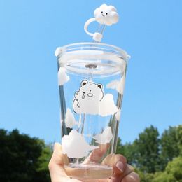 Water Bottles 480ml Glass Water Bottle with Straw Cartoon Clouds Straw Cup Leakproof Portable Drinking Bottle with a Sealing Cap Lid 230428