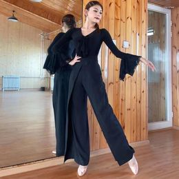 Stage Wear Ballroom Dance Clothes Black Lace Long Sleeves Tops Wide-Leg Trousers Women Latin Practice Clothing Waltz BL12087