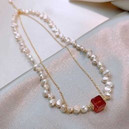 Pendant Necklaces Dome Cameras ALLNEWME Dainty Freshwater Pearl Strand Necklace 18K Gold Plated Stainless Steel Pink Cube Natural Stone Chokers Necklac AA230428